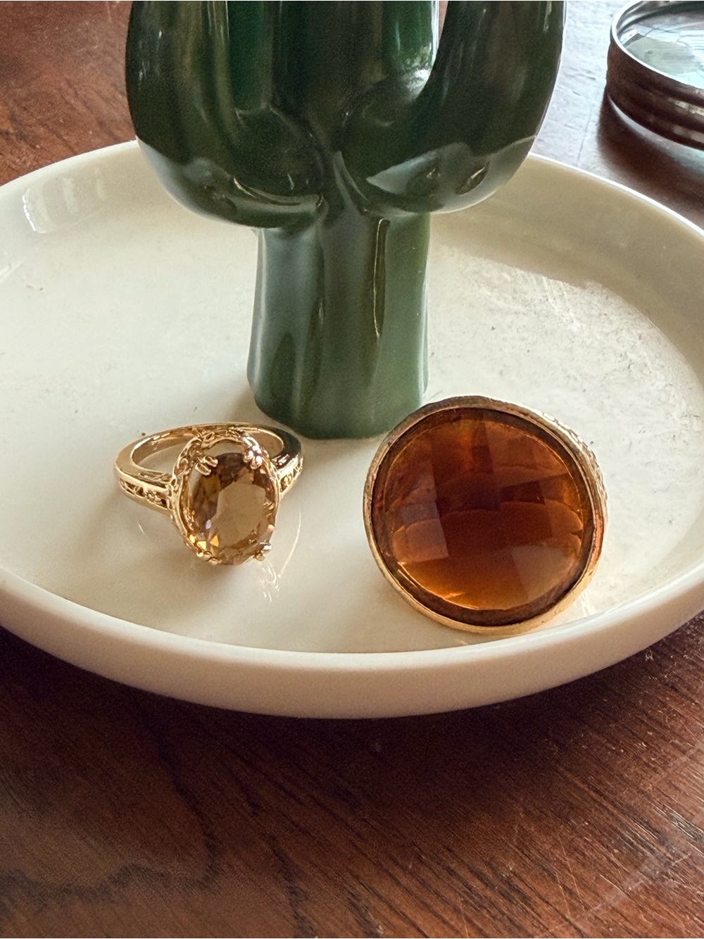 Set of 2 Gold Statement Cocktail Rings with Amber and Cognac Stones Size 8